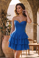 Royal Blue A-Line Sweetheart Corset Ruffle Homecoming & Cocktail Dresses With Applique - KissProm