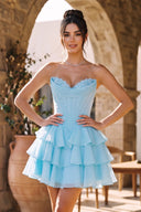Sky Blue A-Line Sweetheart Corset Ruffle Homecoming & Cocktail Dresses With Applique - KissProm