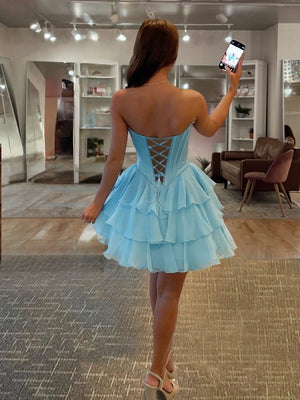 Olyssia | Sky Blue - A-Line Sweetheart Corset Ruffle Homecoming Dress With Applique