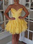 Olyssia | Yellow - A-Line Sweetheart Corset Ruffle Homecoming Dress With Applique