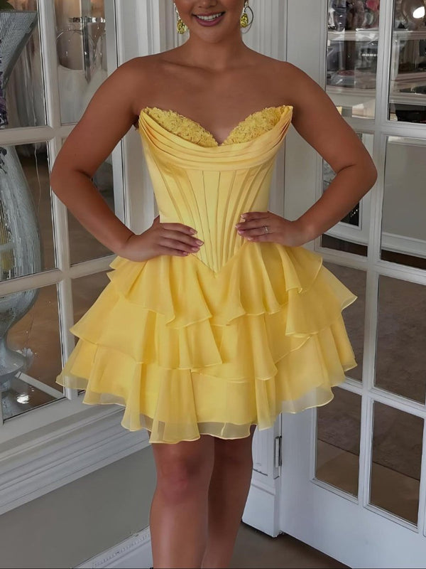 Olyssia | Yellow - A-Line Sweetheart Corset Ruffle Homecoming Dress With Applique