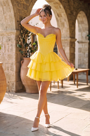 Yellow A-Line Sweetheart Corset Ruffle Homecoming & Cocktail Dresses With Applique - KissProm