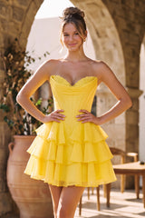 Yellow A-Line Sweetheart Corset Ruffle Homecoming & Cocktail Dresses With Applique - KissProm