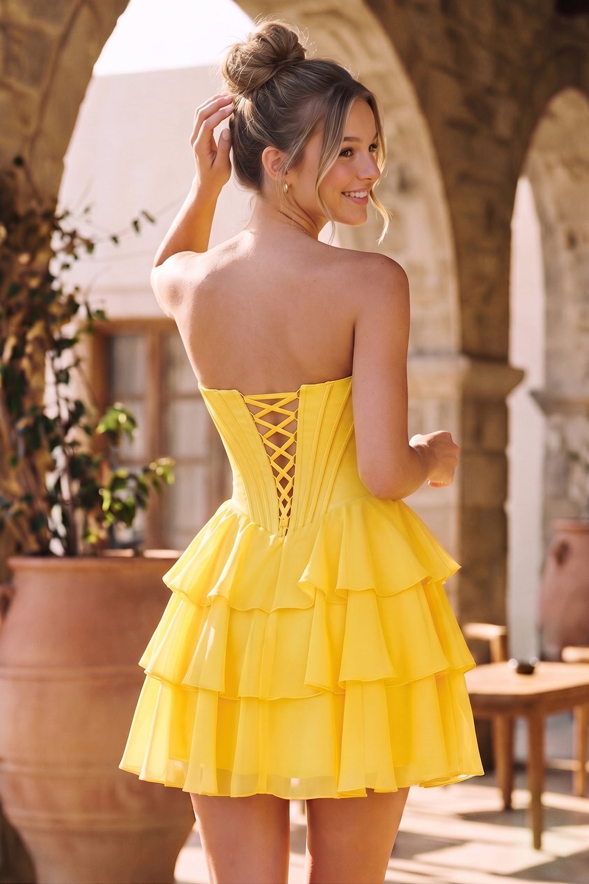 KissProm Blush A-Line Sweetheart Corset Ruffle Homecoming Dresses With Applique, Yellow / 6