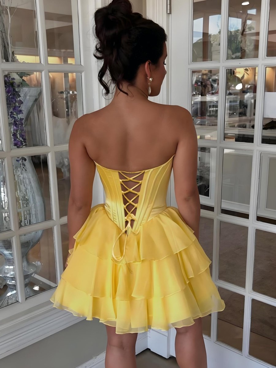 Olyssia | Yellow - A-Line Sweetheart Corset Ruffle Homecoming Dress With Applique