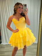 Olyssia | Yellow - A-Line Sweetheart Corset Ruffle Homecoming Dress With Applique