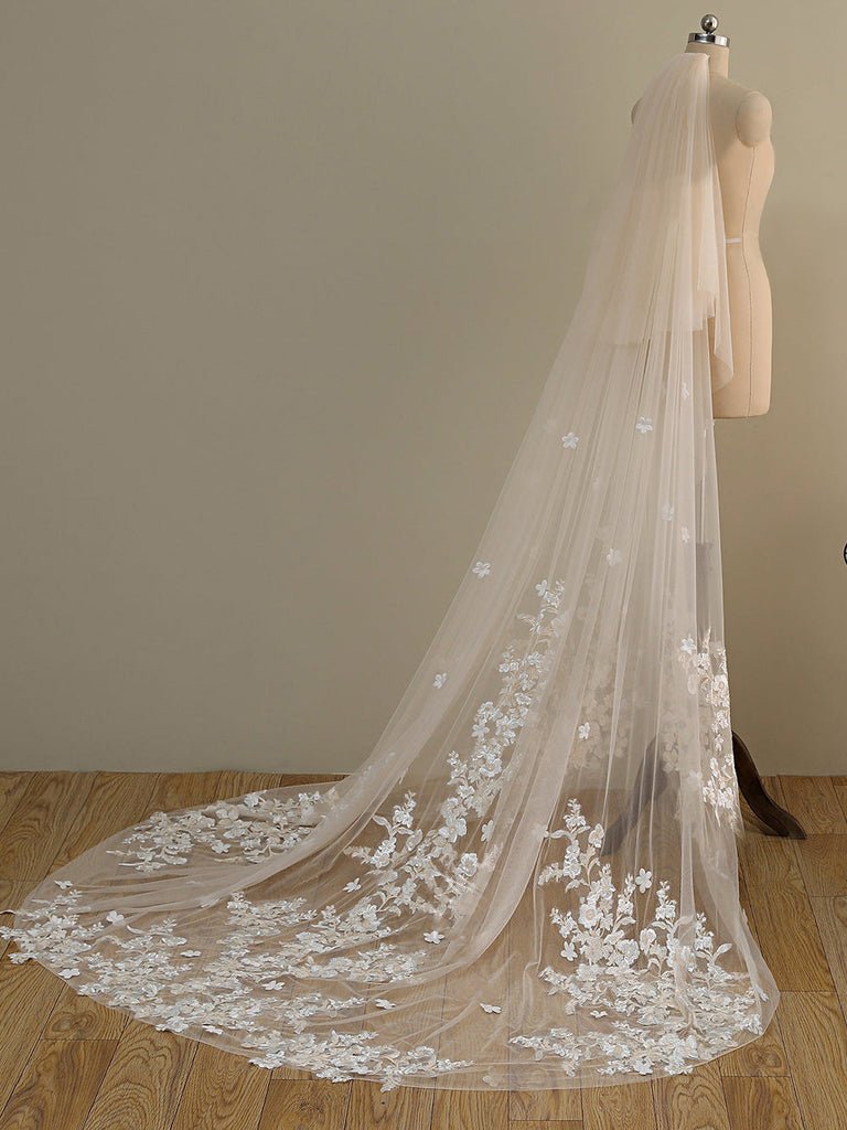Ombre Champagne Floral Lace Ivory Cathedral Veil with Blusher Bridal Veil Wedding Veil - KissProm