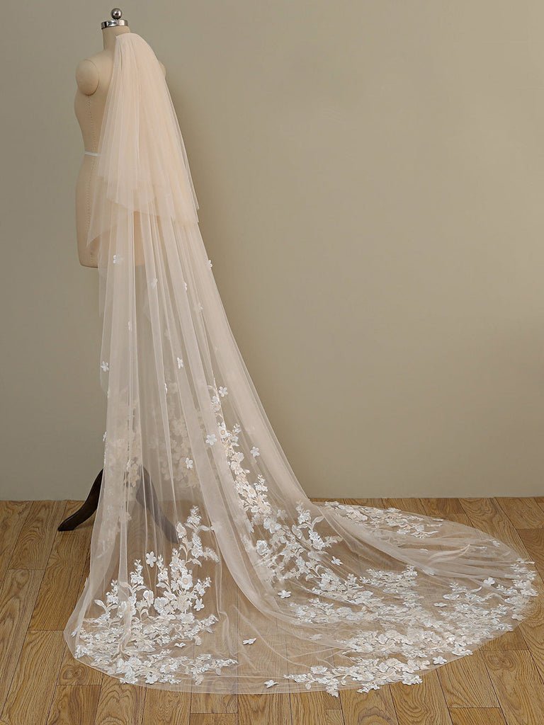 Ombre Champagne Floral Lace Ivory Cathedral Veil with Blusher Bridal Veil Wedding Veil - KissProm
