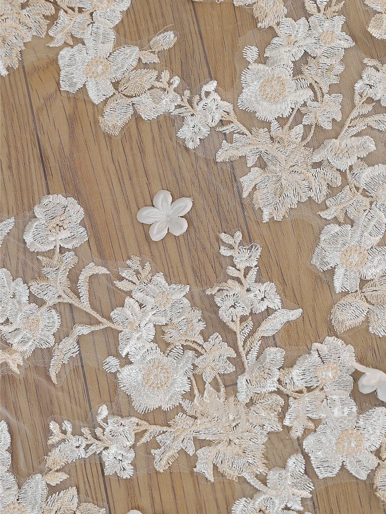 Ombre Champagne Floral Lace Ivory Cathedral Veil with Blusher Bridal Veil Wedding Veil - KissProm