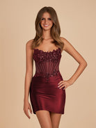 Ondine | Burgundy - Strapless Bodycon Satin Homecoming Dress With Appliques