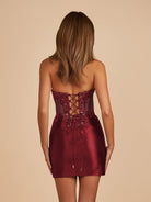 Ondine | Burgundy - Strapless Bodycon Satin Homecoming Dress With Appliques