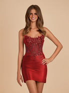 Ondine | Red - Strapless Bodycon Satin Homecoming Dress With Appliques - KissProm