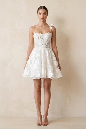 One - Shoulder A - Line Apliqued Mini Wedding Dress in White - KissProm Wedding Dresses