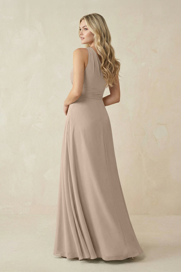 One - Shoulder A - Line Chiffon Bridesmaid Dress in Almond - KissProm Bridesmaid Dresses