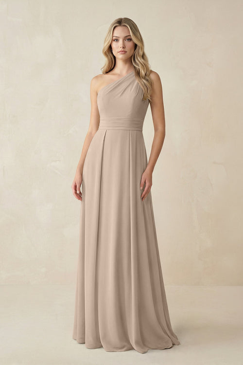 One - Shoulder A - Line Chiffon Bridesmaid Dress in Almond - KissProm Bridesmaid Dresses