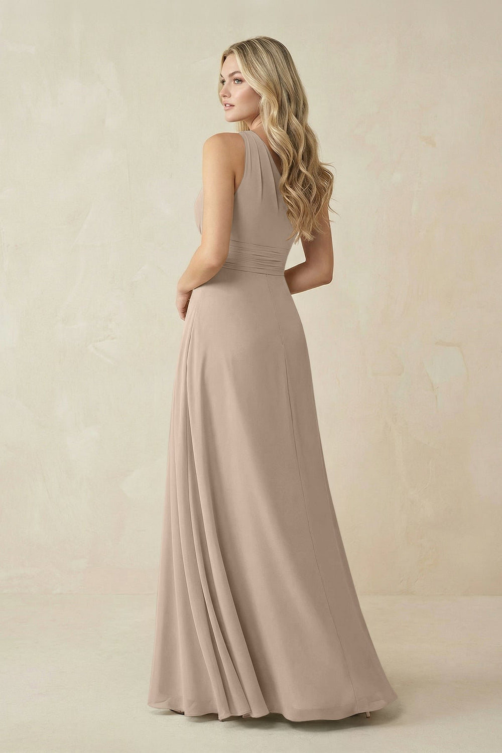One - Shoulder A - Line Chiffon Bridesmaid Dress in Almond - KissProm Bridesmaid Dresses