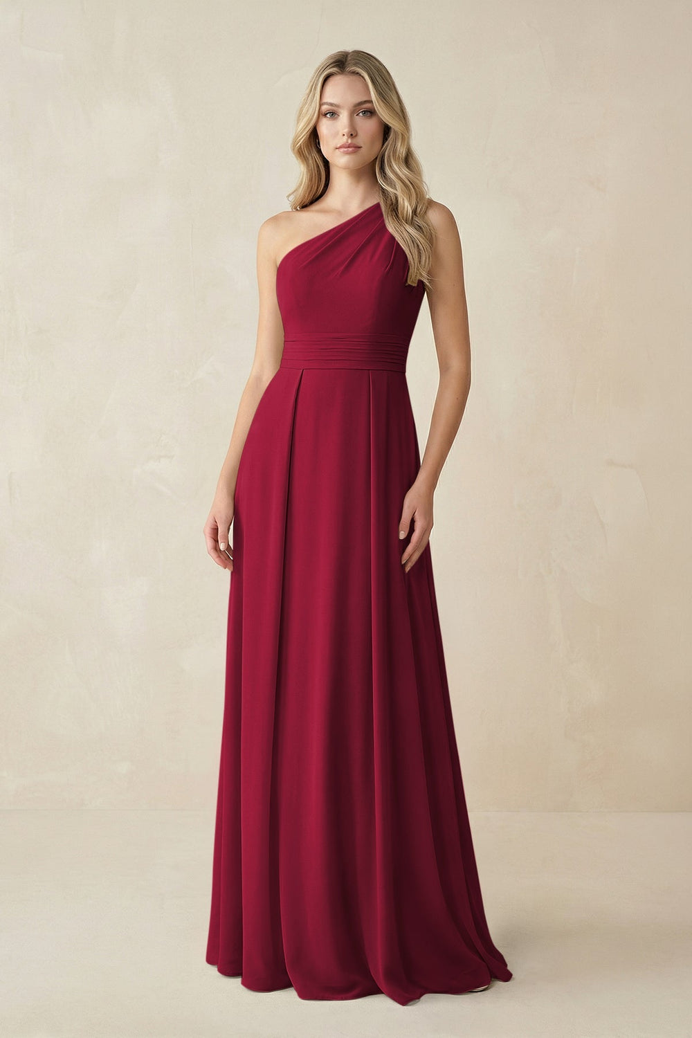 One - Shoulder A - Line Chiffon Bridesmaid Dress in Berry - KissProm Bridesmaid Dresses