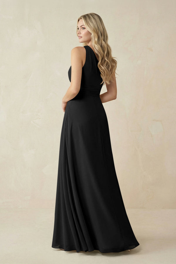 One - Shoulder A - Line Chiffon Bridesmaid Dress in Black - KissProm Bridesmaid Dresses