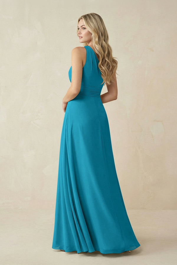 One - Shoulder A - Line Chiffon Bridesmaid Dress in Blue Jay - KissProm Bridesmaid Dresses