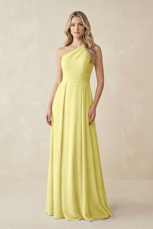 One - Shoulder A - Line Chiffon Bridesmaid Dress in Buttercup - KissProm Bridesmaid Dresses