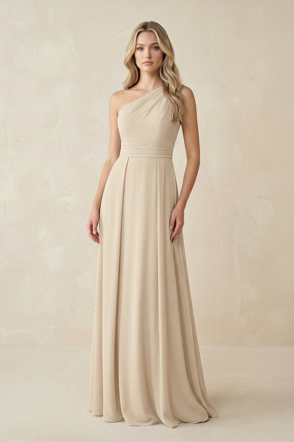 One - Shoulder A - Line Chiffon Bridesmaid Dress in Champagne - KissProm Bridesmaid Dresses