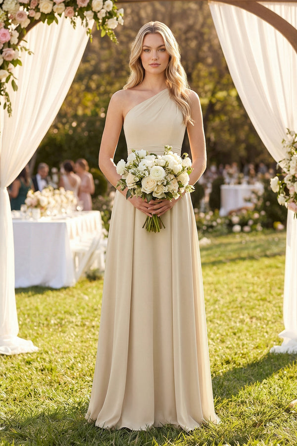 one shoulder champagne dress Olivia Maxi Satin Shell Romantic Tales Satin One Shoulder