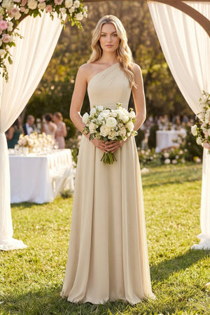 One - Shoulder A - Line Chiffon Bridesmaid Dress in Champagne - KissProm Bridesmaid Dresses