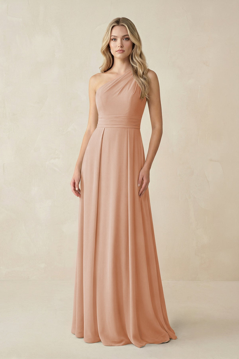 One - Shoulder A - Line Chiffon Bridesmaid Dress in Champagne Rose - KissProm Bridesmaid Dresses