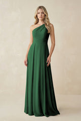 One - Shoulder A - Line Chiffon Bridesmaid Dress in Dark Green - KissProm Bridesmaid Dresses