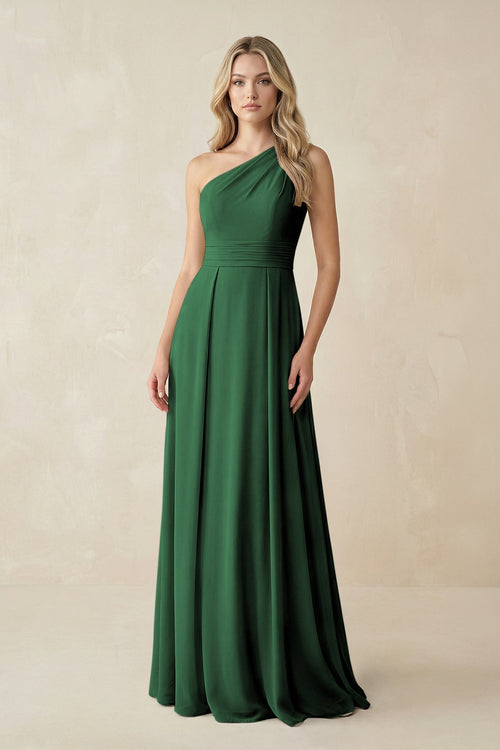 One - Shoulder A - Line Chiffon Bridesmaid Dress in Dark Green - KissProm Bridesmaid Dresses