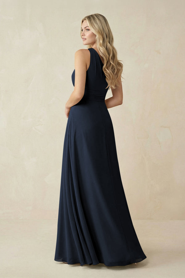 One - Shoulder A - Line Chiffon Bridesmaid Dress in Dark Navy - KissProm Bridesmaid Dresses