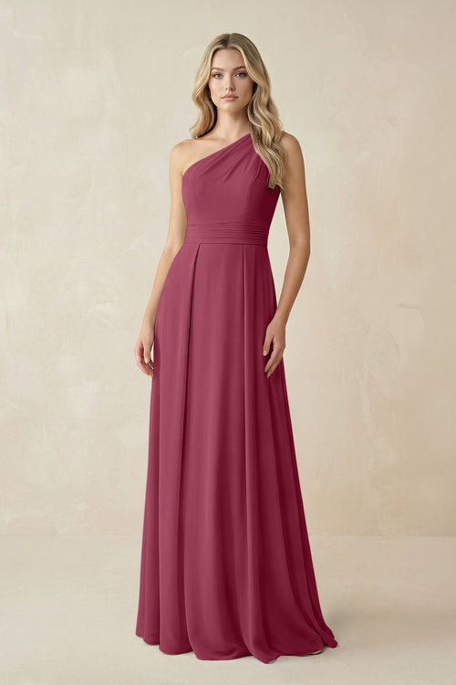 One - Shoulder A - Line Chiffon Bridesmaid Dress in Desert Rose - KissProm Bridesmaid Dresses