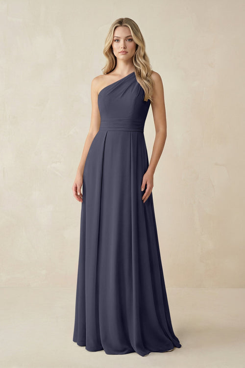 One - Shoulder A - Line Chiffon Bridesmaid Dress in Dusk Blue - KissProm Bridesmaid Dresses