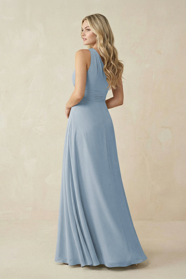 One - Shoulder A - Line Chiffon Bridesmaid Dress in Dusty Blue - KissProm Bridesmaid Dresses