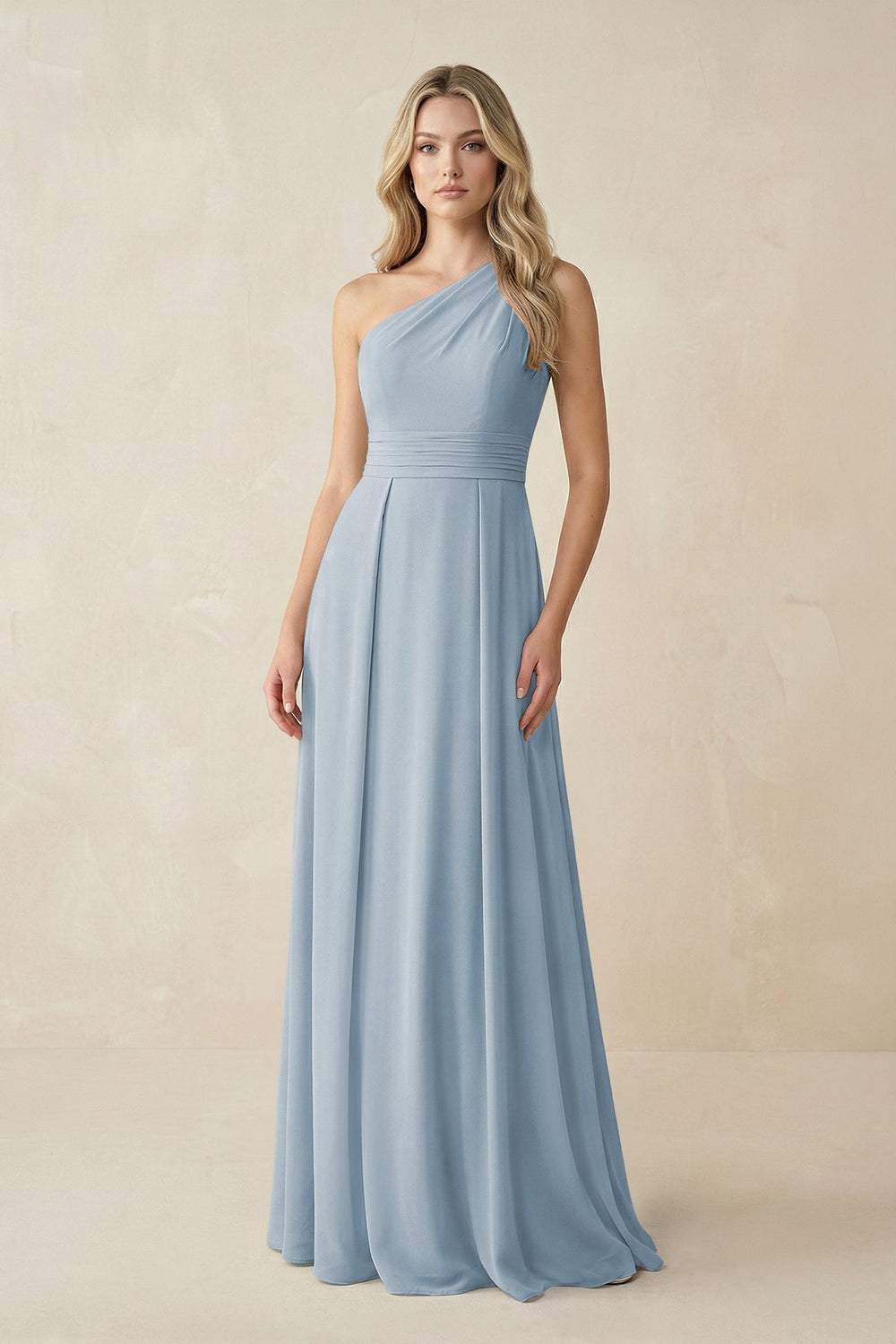 One - Shoulder A - Line Chiffon Bridesmaid Dress in Dusty Blue - KissProm Bridesmaid Dresses