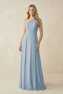 One - Shoulder A - Line Chiffon Bridesmaid Dress in Dusty Blue - KissProm Bridesmaid Dresses