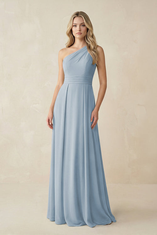 One - Shoulder A - Line Chiffon Bridesmaid Dress in Dusty Blue - KissProm Bridesmaid Dresses