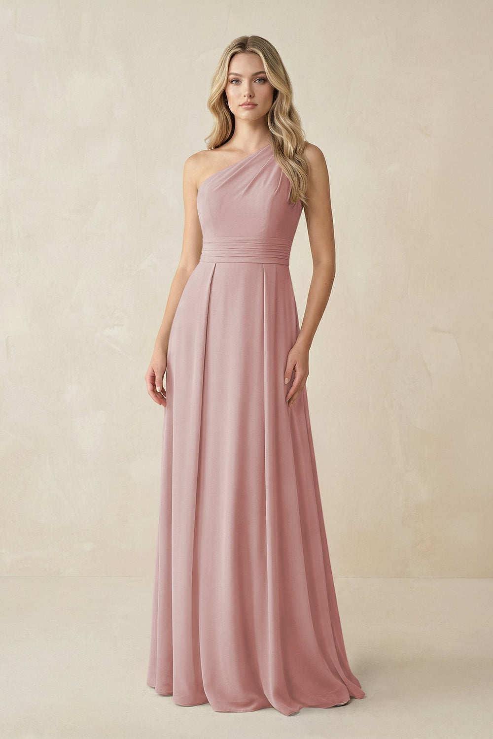 One - Shoulder A - Line Chiffon Bridesmaid Dress in Dusty Rose - KissProm Bridesmaid Dresses