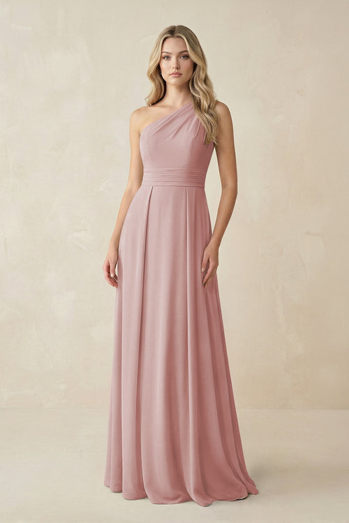One - Shoulder A - Line Chiffon Bridesmaid Dress in Dusty Rose - KissProm Bridesmaid Dresses