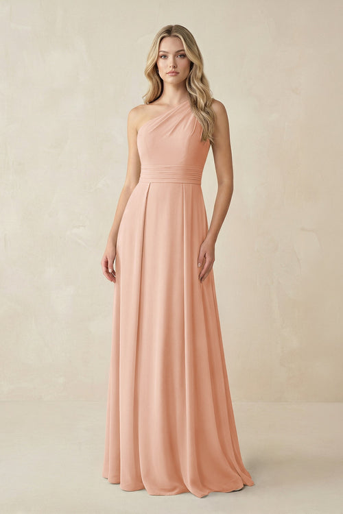 One - Shoulder A - Line Chiffon Bridesmaid Dress in English Rose - KissProm Bridesmaid Dresses