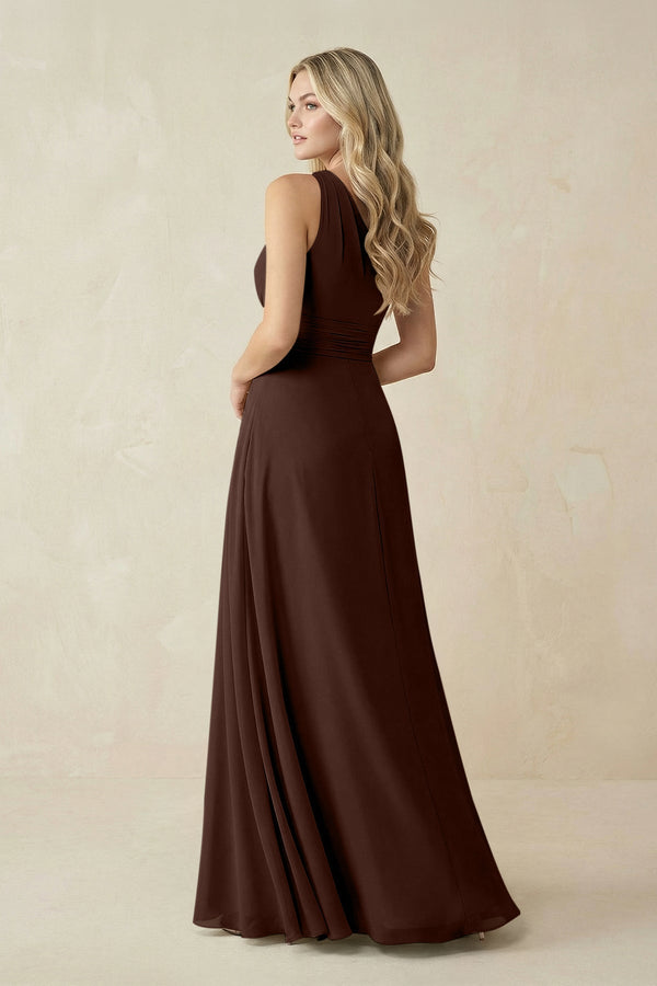 One - Shoulder A - Line Chiffon Bridesmaid Dress in Espresso - KissProm Bridesmaid Dresses