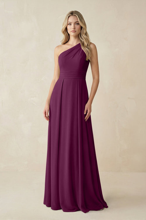 One - Shoulder A - Line Chiffon Bridesmaid Dress in Fig - KissProm Bridesmaid Dresses