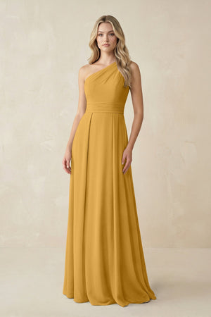 One - Shoulder A - Line Chiffon Bridesmaid Dress in Marigold - KissProm Bridesmaid Dresses