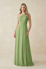 One - Shoulder A - Line Chiffon Bridesmaid Dress in Matcha - KissProm Bridesmaid Dresses