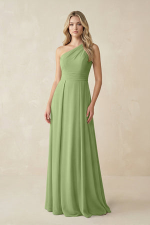 One - Shoulder A - Line Chiffon Bridesmaid Dress in Matcha - KissProm Bridesmaid Dresses