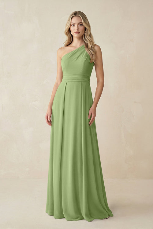 One - Shoulder A - Line Chiffon Bridesmaid Dress in Matcha - KissProm Bridesmaid Dresses
