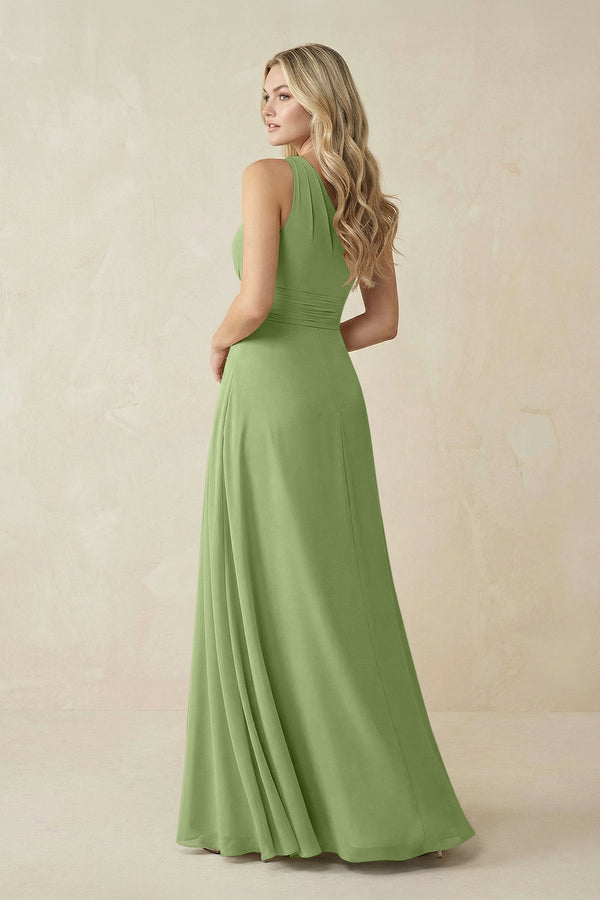 One - Shoulder A - Line Chiffon Bridesmaid Dress in Matcha - KissProm Bridesmaid Dresses
