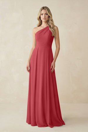 One - Shoulder A - Line Chiffon Bridesmaid Dress in Merlot - KissProm Bridesmaid Dresses