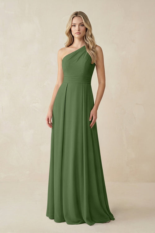 One - Shoulder A - Line Chiffon Bridesmaid Dress in Moss - KissProm Bridesmaid Dresses