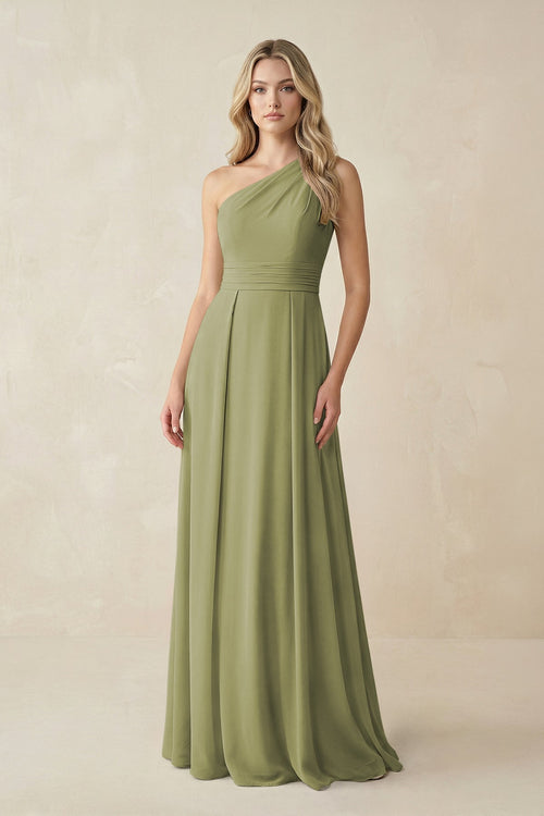One - Shoulder A - Line Chiffon Bridesmaid Dress in Moss Green - KissProm Bridesmaid Dresses